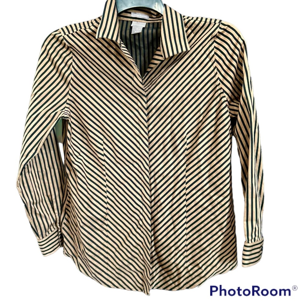 Chicos Black & Khaki Tan Stripe Button Down Blouse Size Business Casual Small